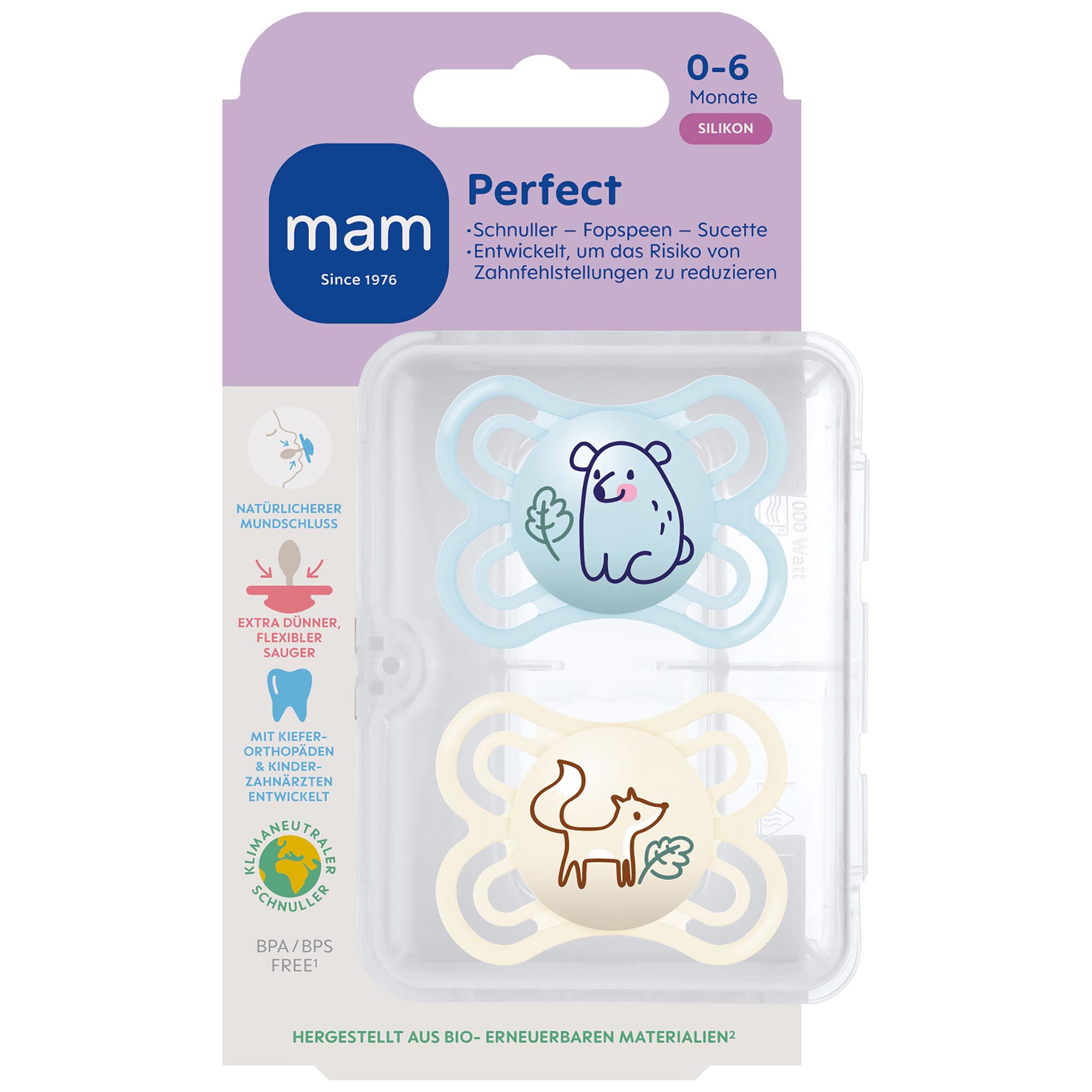 MAM fopspeen Perfect Silikon 0-6 maanden blauw