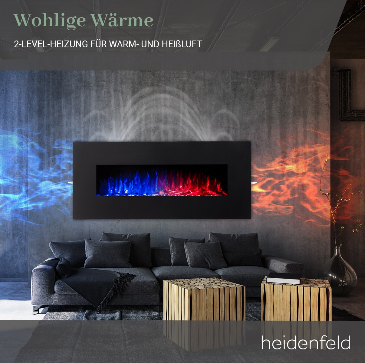Heidenfeld Elektrokamin HF-WK300, elektrischer Kamin mit 3D-Flammeneffekt, 1500W, 3J Garantie, Timer (Schwarz, 128.0 x 55.0 cm)