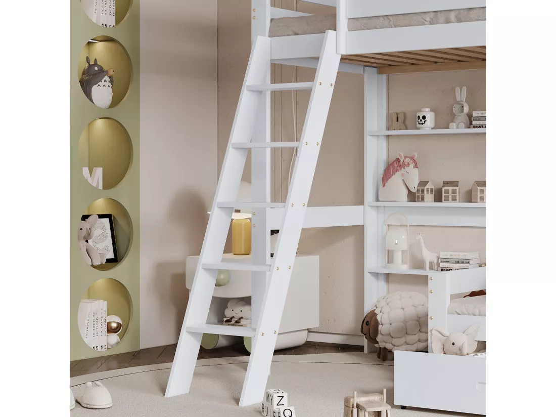 Lit mezzanine avec canapé + étagère + échelle - cadre en pin - 90x200cm - Blanc