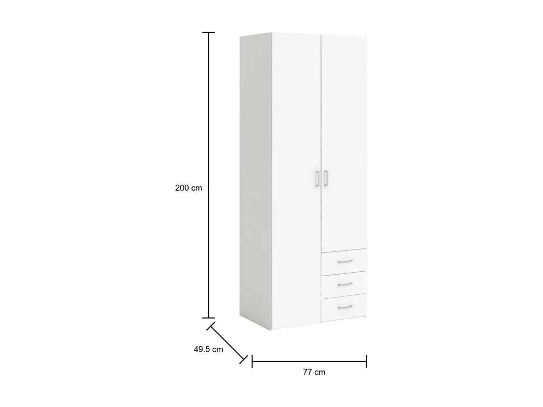 Armoire à deux portes et trois tiroirs, couleur blanche, Dimensions 77 x 200 x 49,5 cm