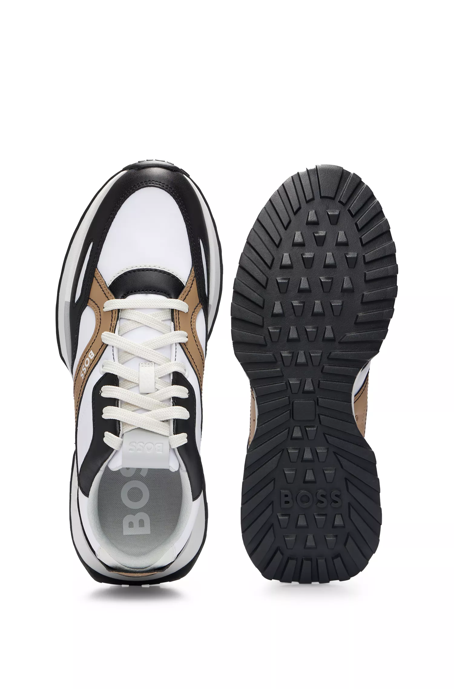 Tênis BOSS pretos em materiais mistos nas cores exclusivas.