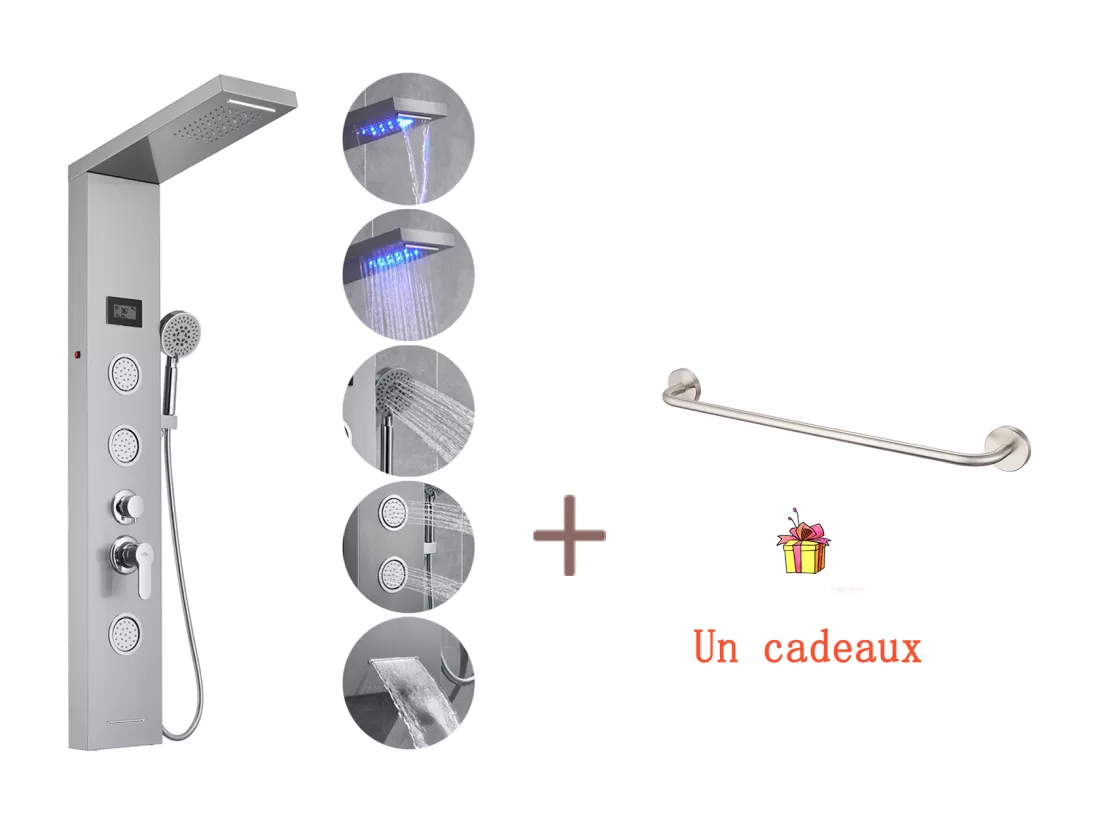 Auralum MAX Panneau Douche LED LCD Indicateur de Température,en Inox Brossé avec 3 Jets Massage+60cm Porte-Serviettes Salle BainAuto-adhésif/Perçage