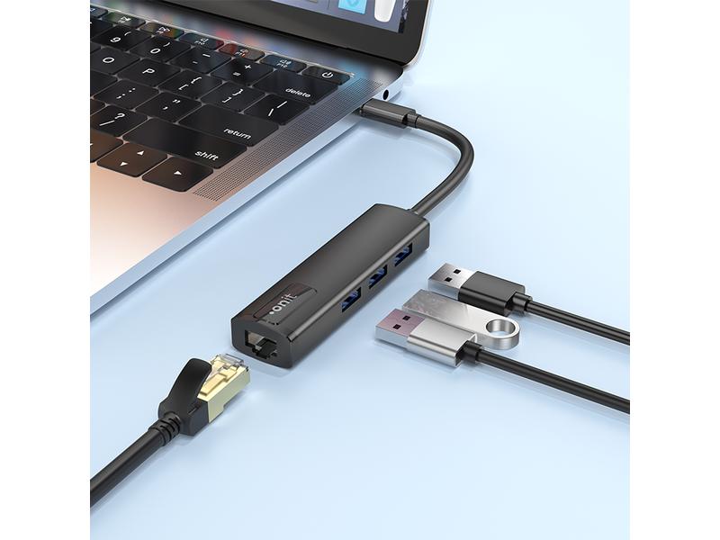 onit USB-C-Hub 3A1RJ45 USB Typ-C Leichter und kompakter Hub mit 3 USB-A-Ports und 1 RJ45-Port