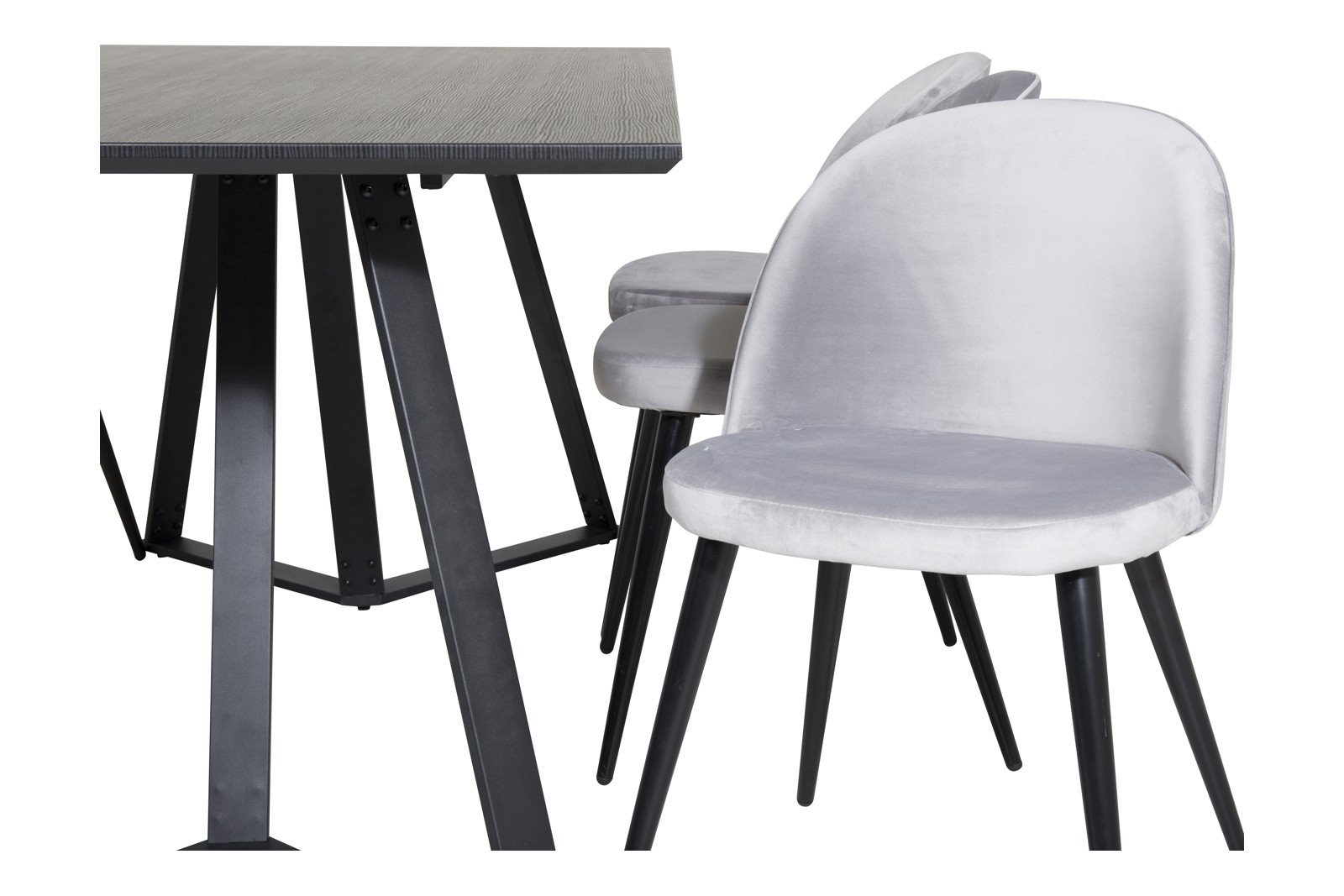 Marina og Velvet Spisegruppe Marina spisebord i sort med 6 stk. Velvet spisestoler i Lys Grå fløyel og sorte ben.