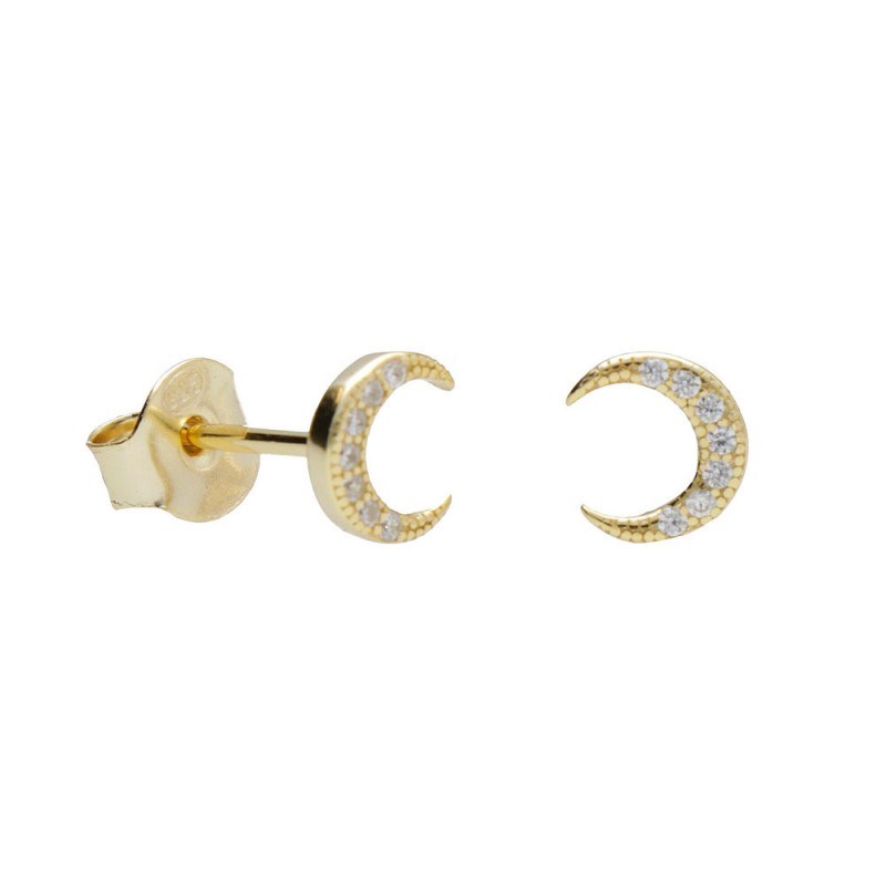 Boucles d'Oreilles Argent 925/000 Doré - Croissant de Lune Pavé de Zirconiums