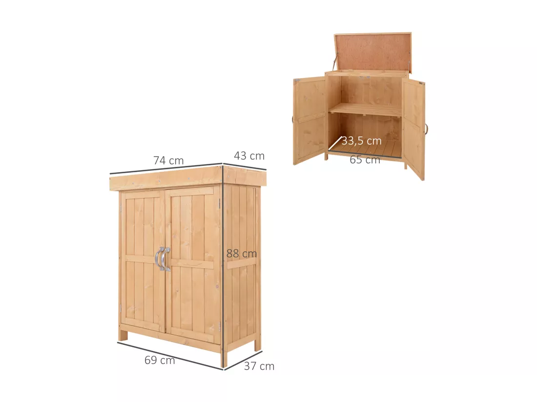 Armoire de jardin sur pied double porte étagère et toit bitumé relevable dim. 74L x 43l x 88H cm bois sapin