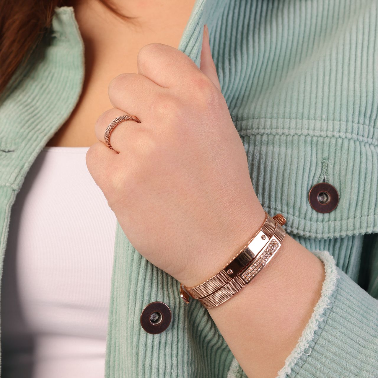 Gerecycled stalen ring mesh roseplated