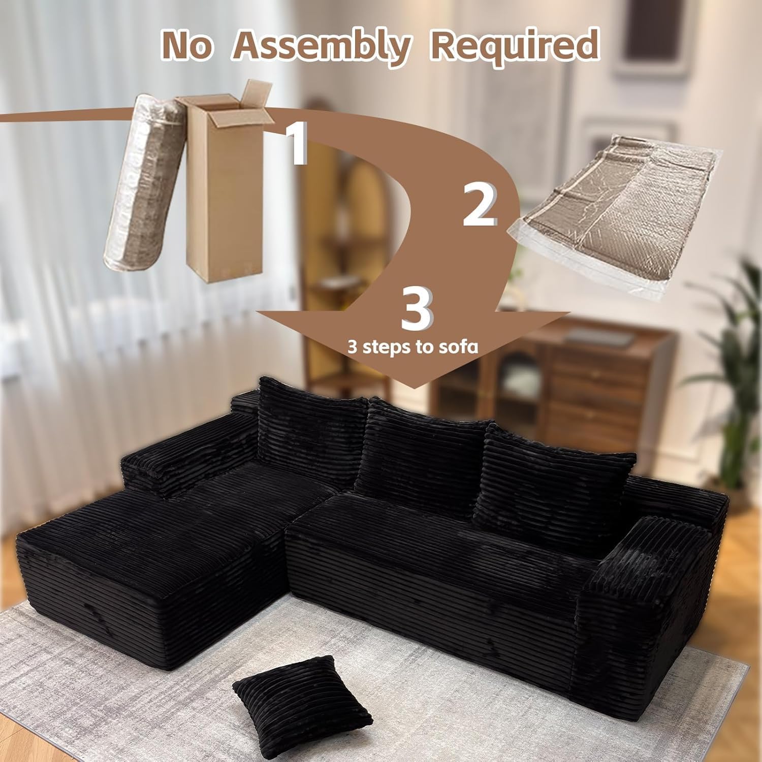 267cm Ecksofa mit Schlaffunktion, L-Form Schlafsofa 3-Sitzer mit Ottomane Links oder Rechts, Relaxsofa für Wohnzimmer, freistehend, Keine Montage