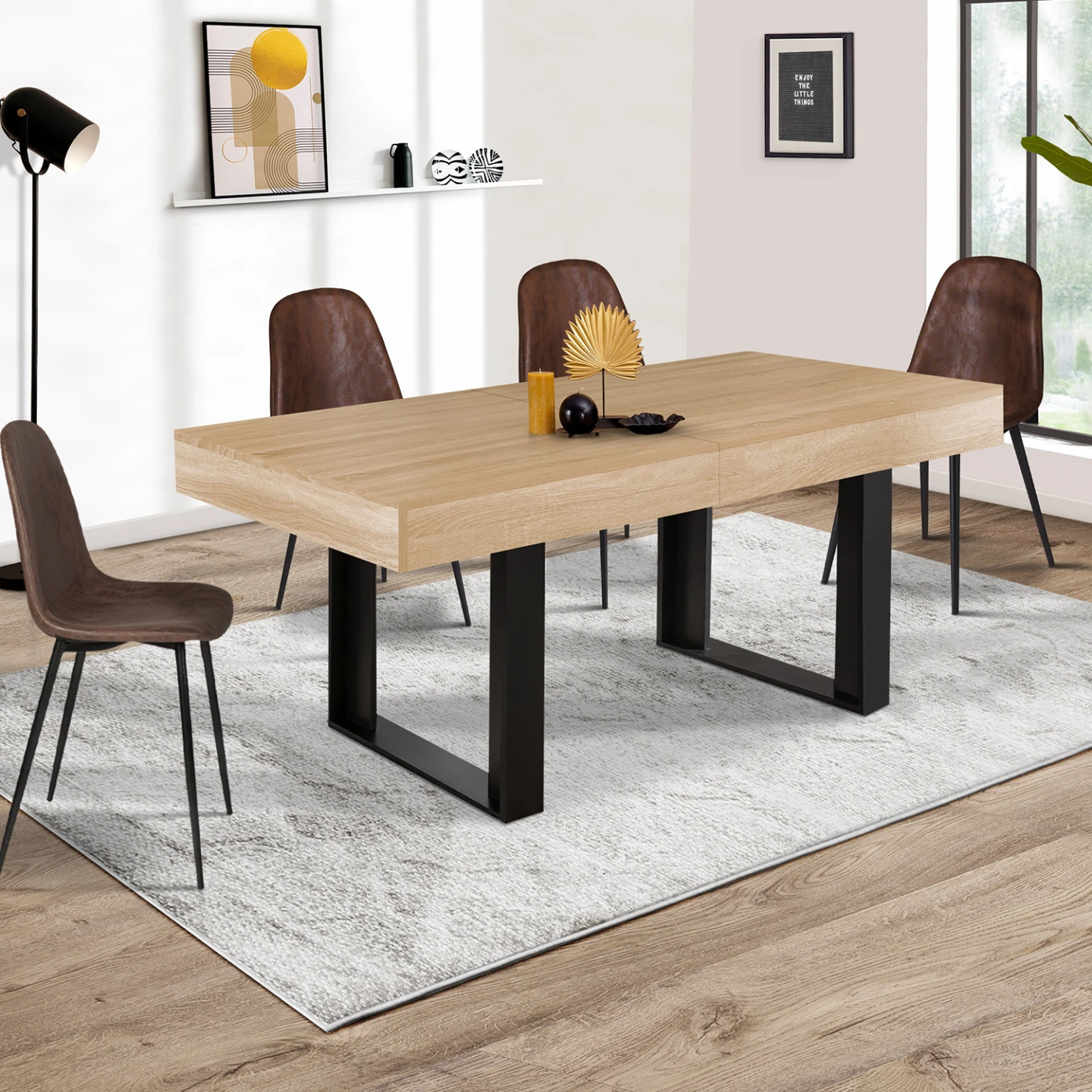 Table à manger extensible rectangle PHOENIX 4-8 personnes bois et noir 160-200 cm