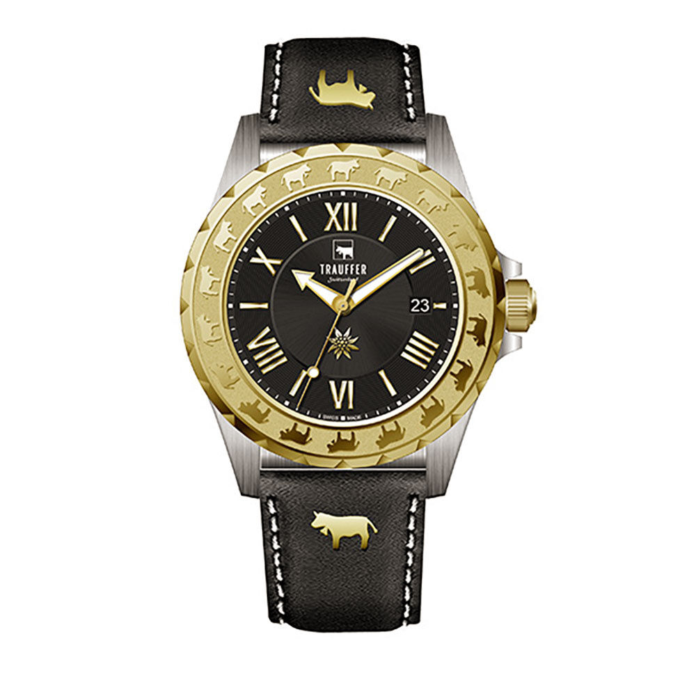 Trauffer Herrenuhr mit PU-Lederband Schwarz/Gold