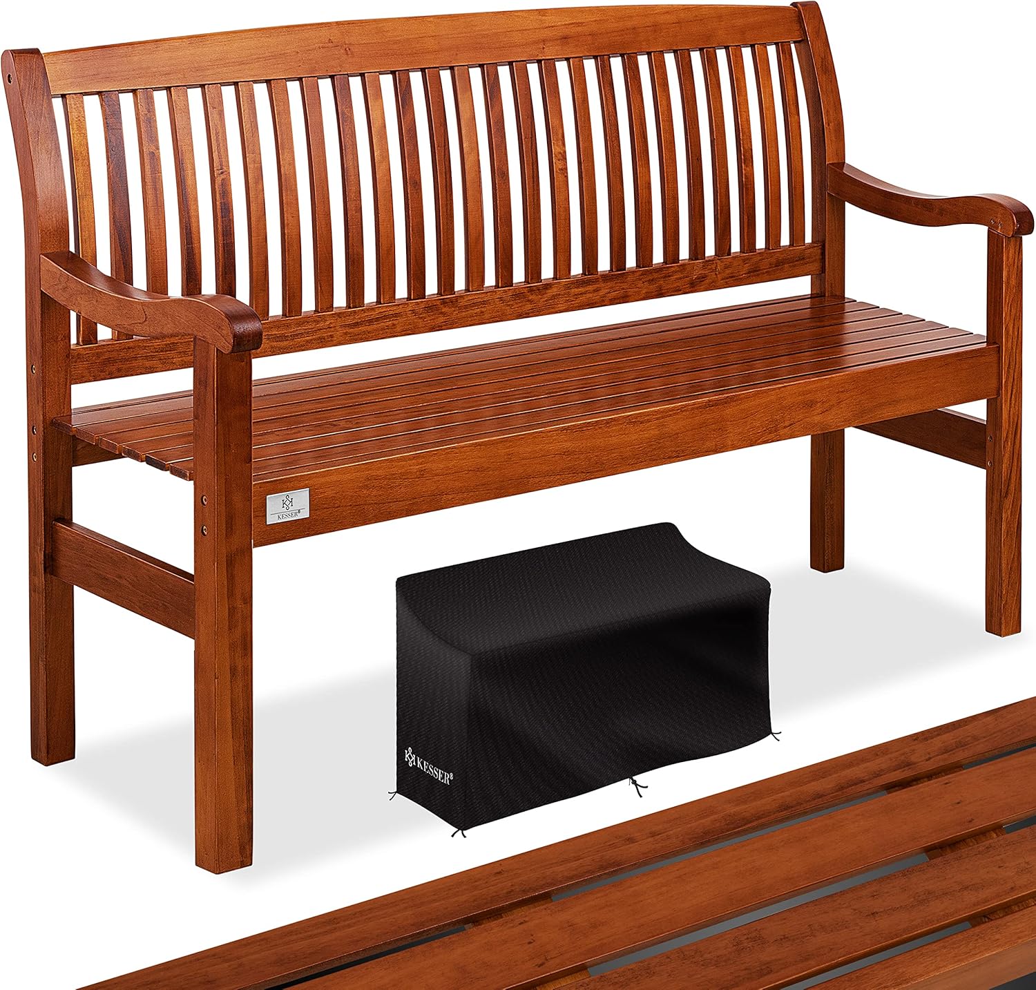 KESSER® Gartenbank Holz Holzbank wetterfest | Für 3 bis 4 Personen | Parkbank aus Massivholz | Sitzbank 320 kg belastbar 150 cm | Balkonbank Bank für Balkon Terrasse & Garten inkl. Cover Dunkelbraun