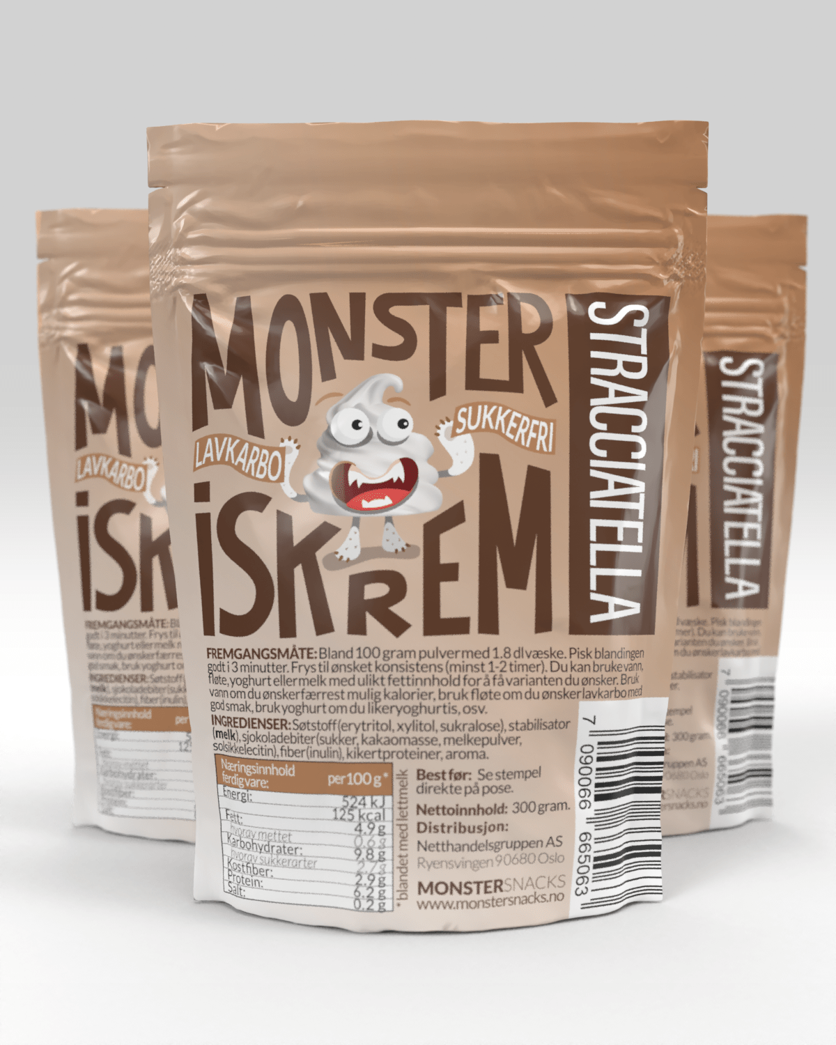 Monster Sukkerfri Stracciatella Is 3x300g - TREPAKNING! - DATODEAL!