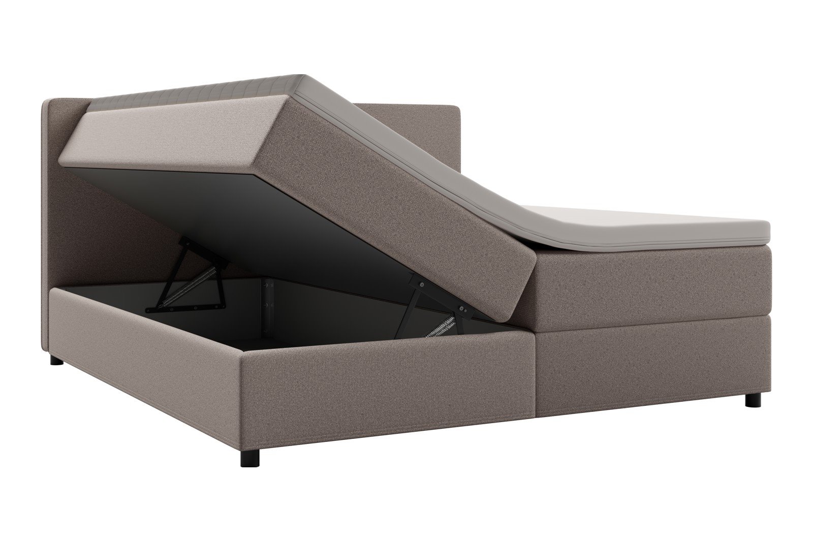Premium 10 oppbevaringsseng 140x200 cm Magasinseng med oppbevaring, åpnes fra siden. I tekstil storm 09 beige, med fast fasthetsgrad og premium 10 overmadrass,sorte ben. Sengegavl selges separat.