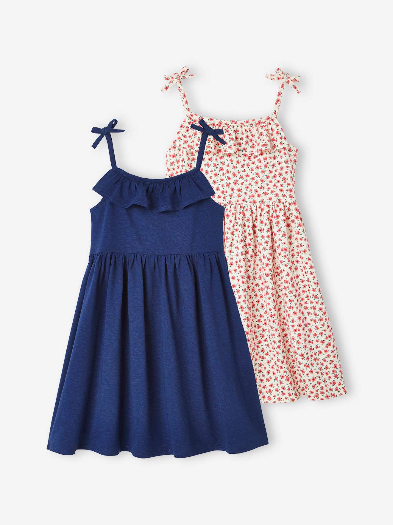 Conjunto com 2 vestidos de alças, 1 estampado + 1 liso, para meninas, azul médio, bicolor/multicolorido.