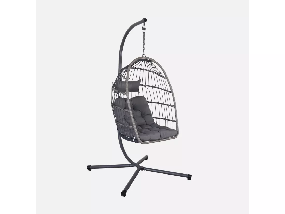 Fauteuil œuf suspendu anthracite TOSCANA acier. osier. polyester. 105 x 105 x 196 cm