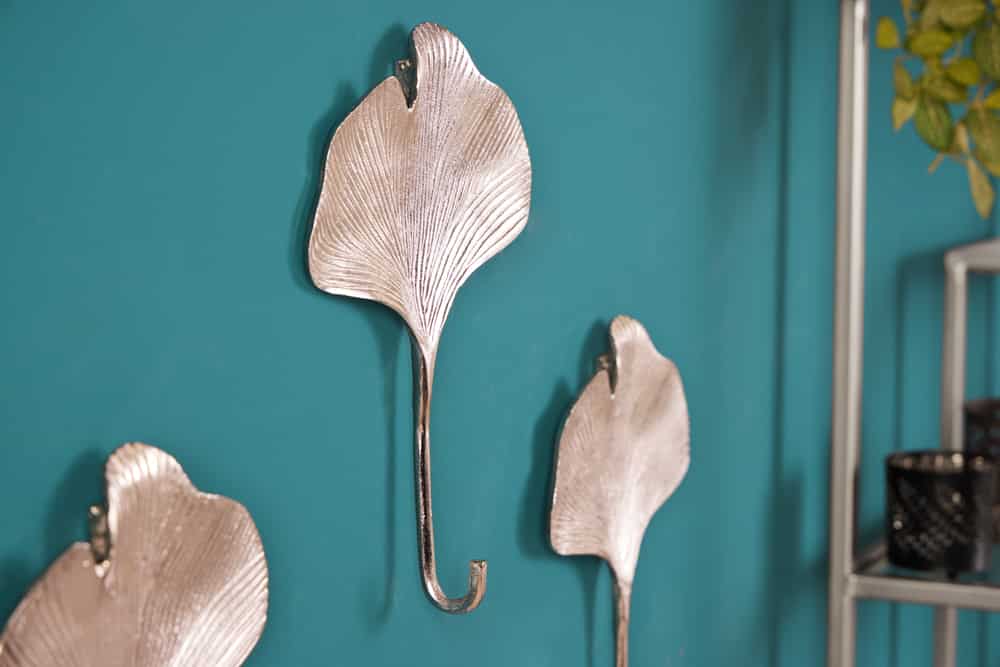 Dekoratives Kleiderhaken 3er Set GINKGO 30cm silber handmade Metall
