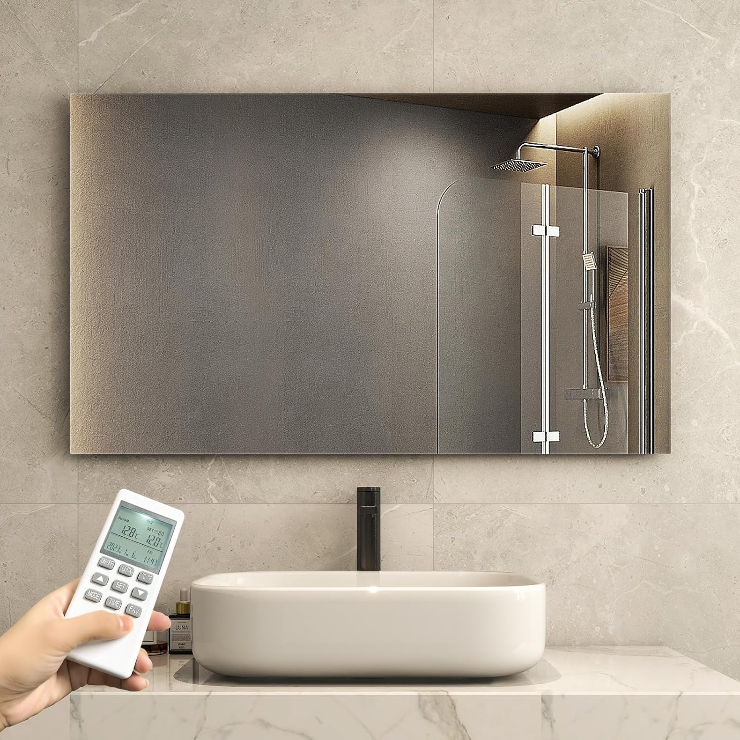 Infrarotheizung Spiegel mit Thermostat 580 Watt - Spiegelheizung Infrarot - Infrarot Wandheizung mit Fernbedienung - Elektroheizung Heizpaneel Heizkörper - Badspiegel 100x60 CM Badezimmerspiegel