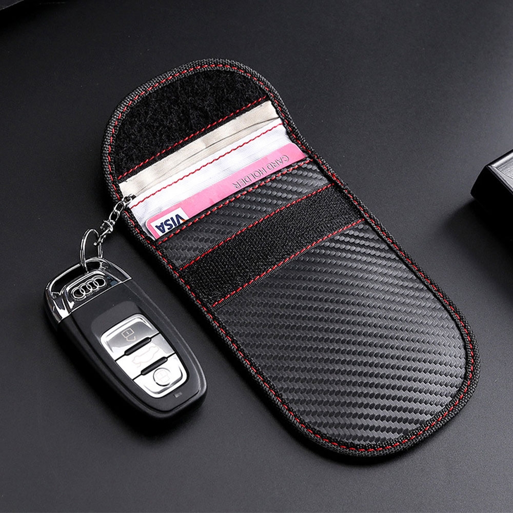 (10x14.5cm) Keyless Go RFID Anti Strahlung Leder Tasche Autoschlüssel Schutz Signal Blocker - Schwarz Carbon