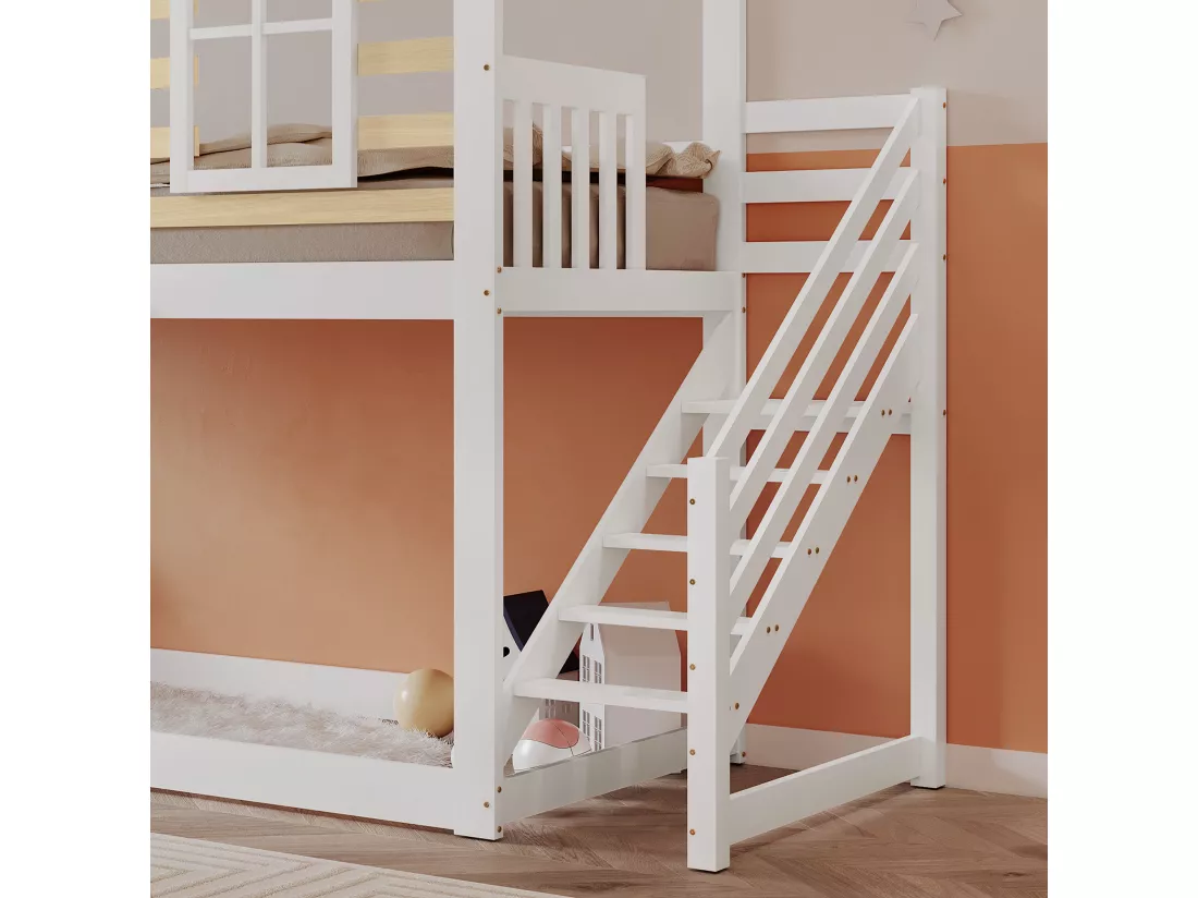 Lits superposés enfant 2x90x200cm, cadre en bois massif, décor avec fenêtre, avec toboggan et sommier à lattes, blanc