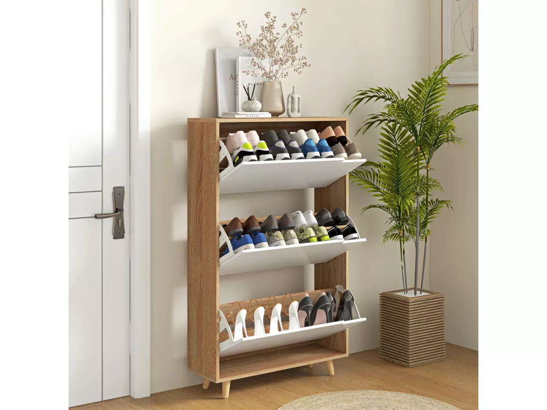 Meuble à chaussures design scandinave - 3 portes abattantes - panneaux blanc aspect bois naturel