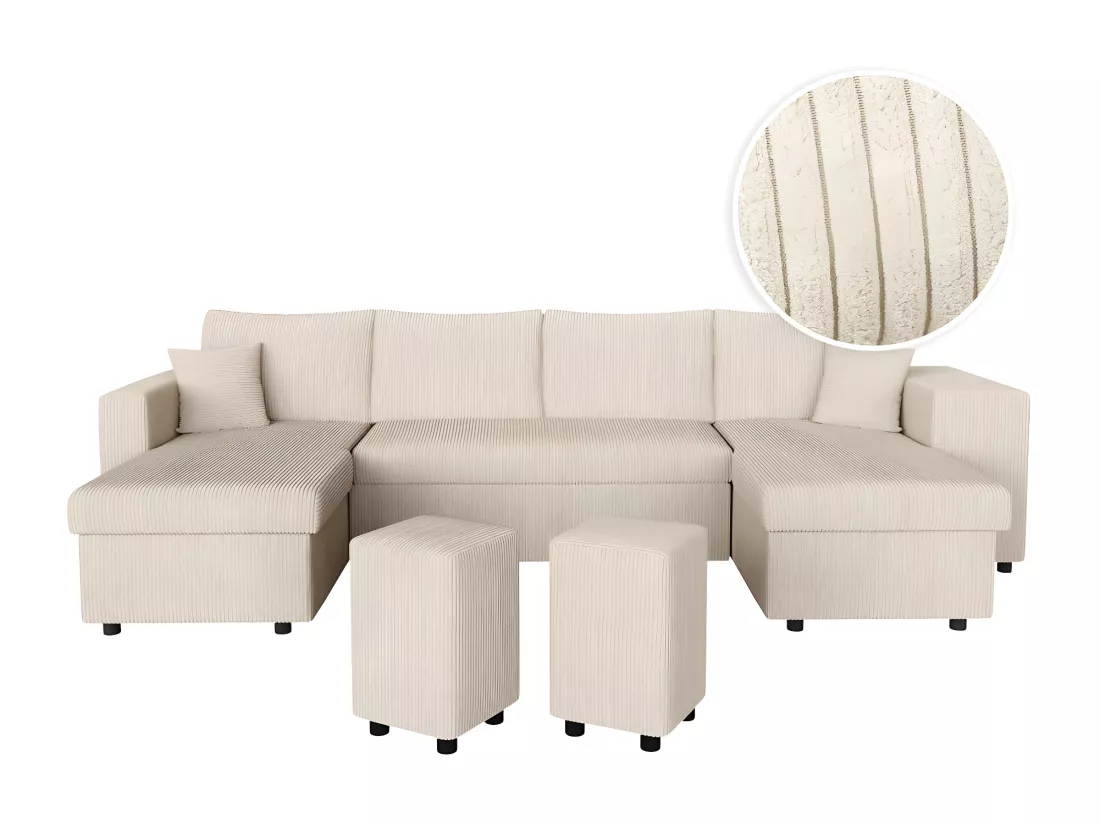 Canapé panoramique Oslo convertible avec 2 coffres, 2 poufs à droite en velours côtelé beige - L311 x P146 x H81cm - Loungitude