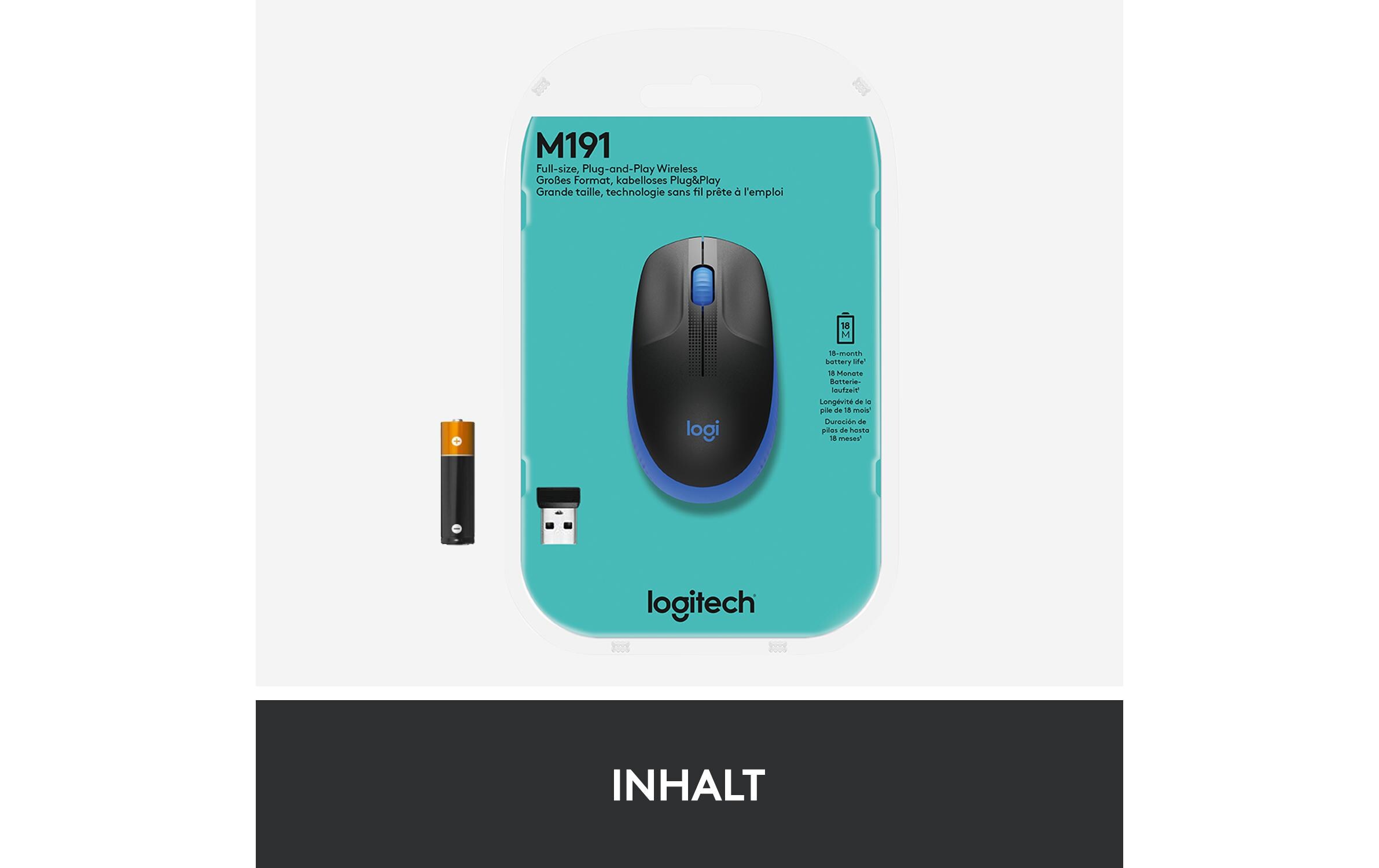 Maus M190 Blau/Schwarz, kabellosUniverselle Arbeitsmaus für alltägliche Büroarbeiten