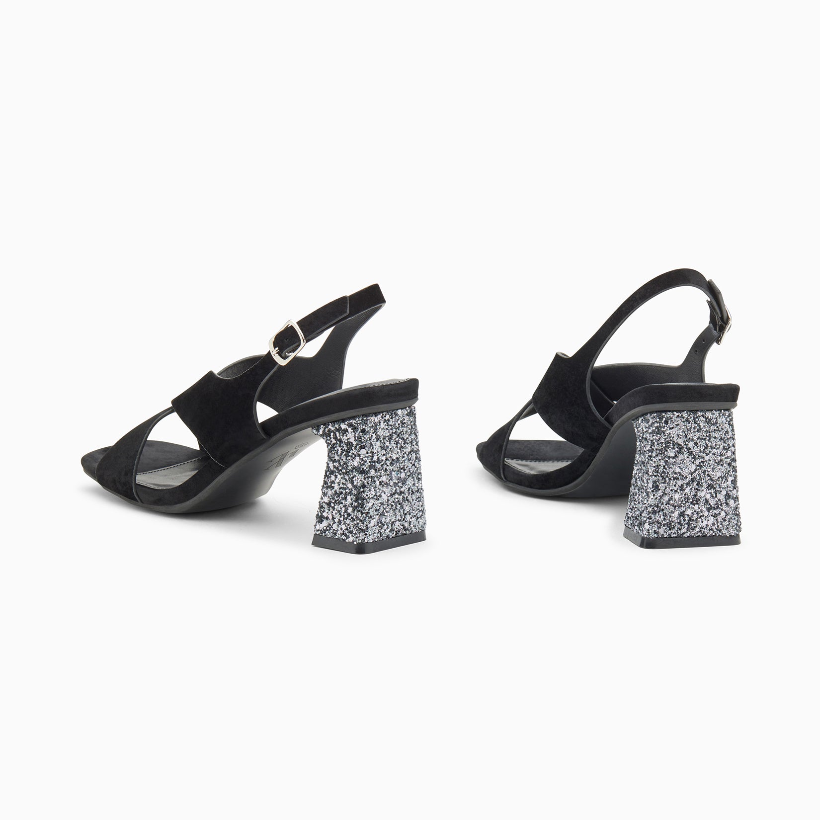 Sandales à talon, Compensées-Sandales Milan noires à brides croisées et talon argent pailleté