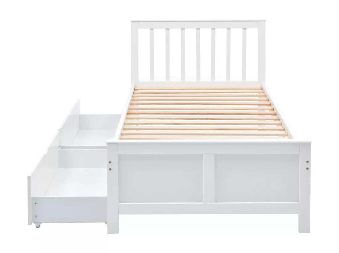 Lit simple en bois 90 x 200 cm pour jeune et adulte. avec tiroirs. structure en Pin. Blanc