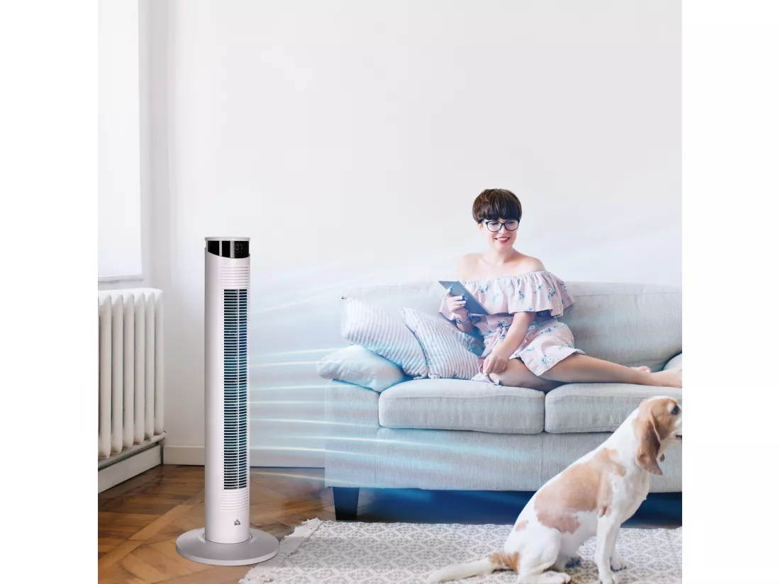 Ventilateur colonne oscillant 50W - télécommande, 3 modes, 3 vitesses, écran LED, timer - blanc