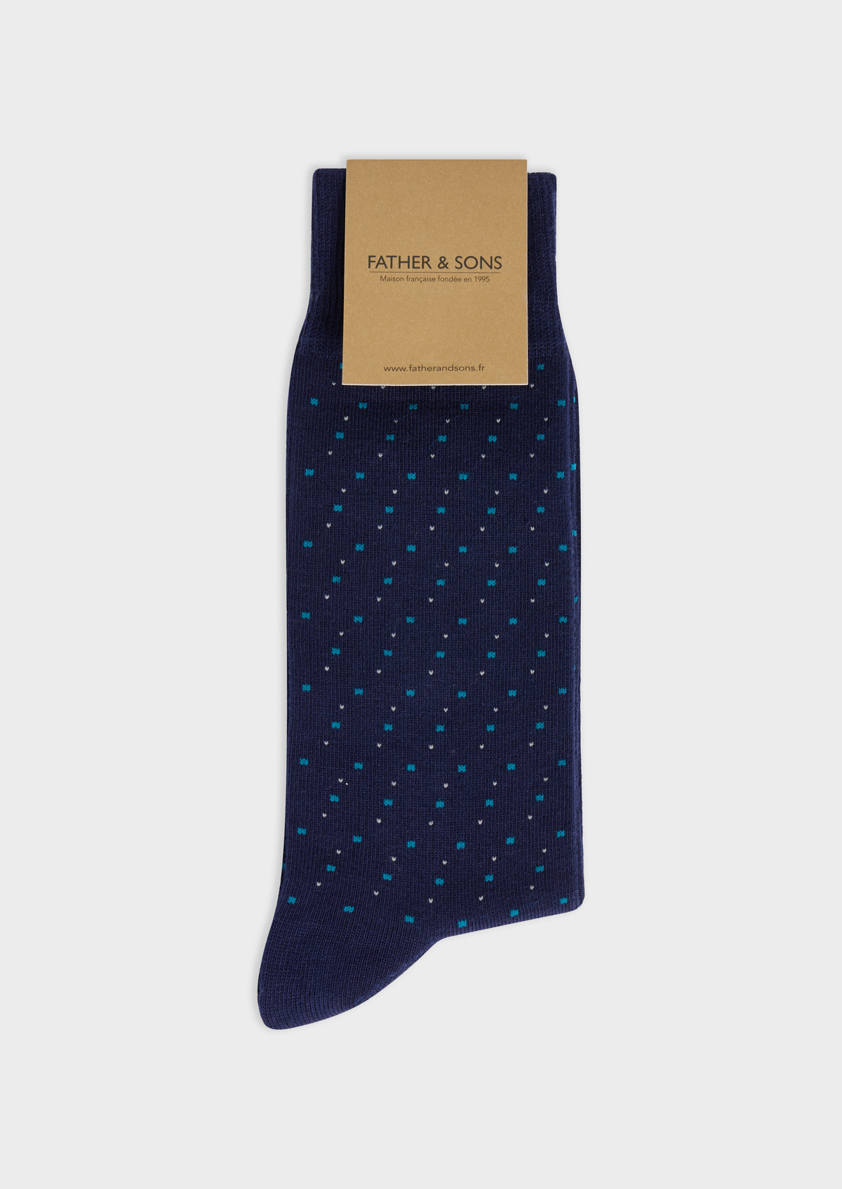 Chaussettes en coton bio mélangé bleu indigo à pois bleu paon et gris