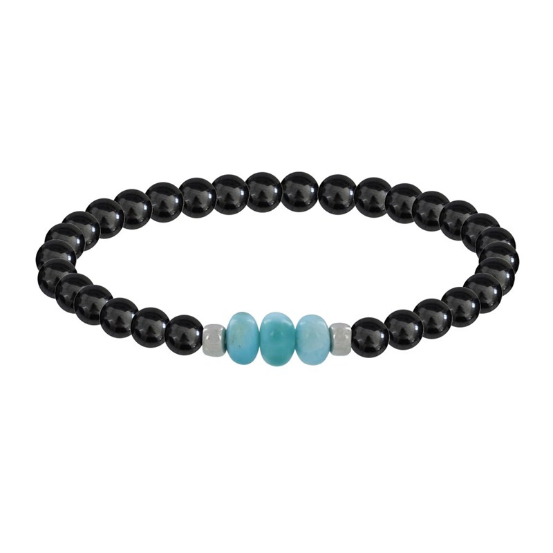 Duo Bracelets Homme et Femme Perles d'Hématites et Trois Anneaux de Larimar