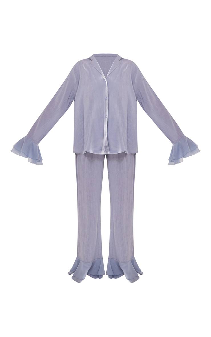 Bleu Layette Ensemble Pyjama Pantalon Froissé À Boutons Avec Manches À Volants Contrastés