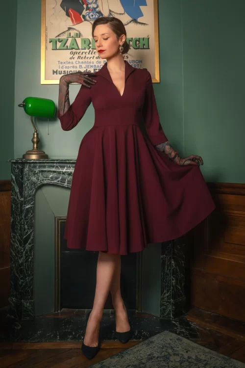 Vintage Diva  Laura Lee swing jurk in bordeauxrood