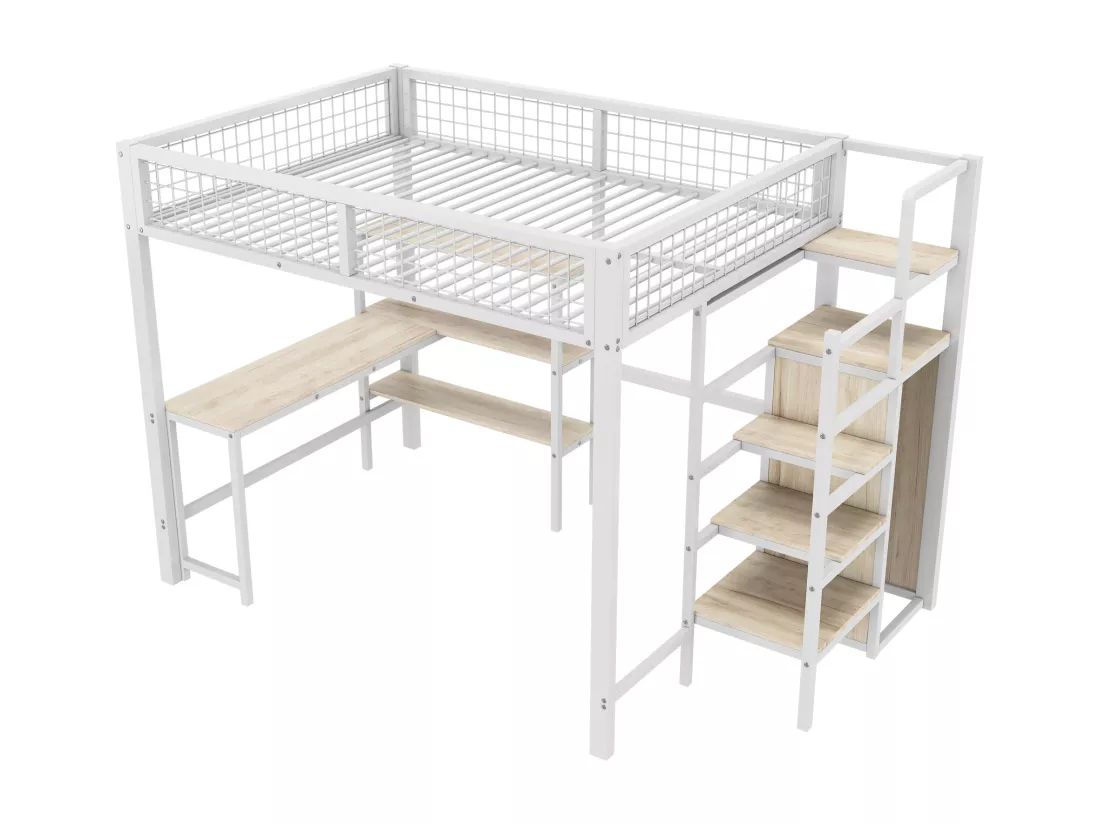 Lit mezzanine 140 x 200 cm avec bureau en L, armoire et étagères - Métal + MDF - Sommier à lattes - Blanc (sans matelas)