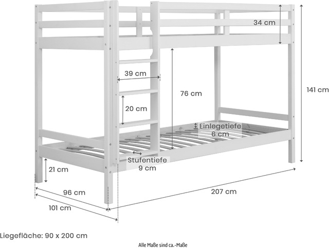 Ticaa Etagenbett »René, Hochbett, Stockbett, TOPSELLER! 2 Farben, Schubkasten optional« 90x200cm,  FSC® zertifiziertes Massivholz, mit Trittleiter + Rundum-Absturzschutz