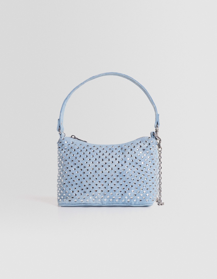 Bolsa transversal multifuncional em jeans com strass.