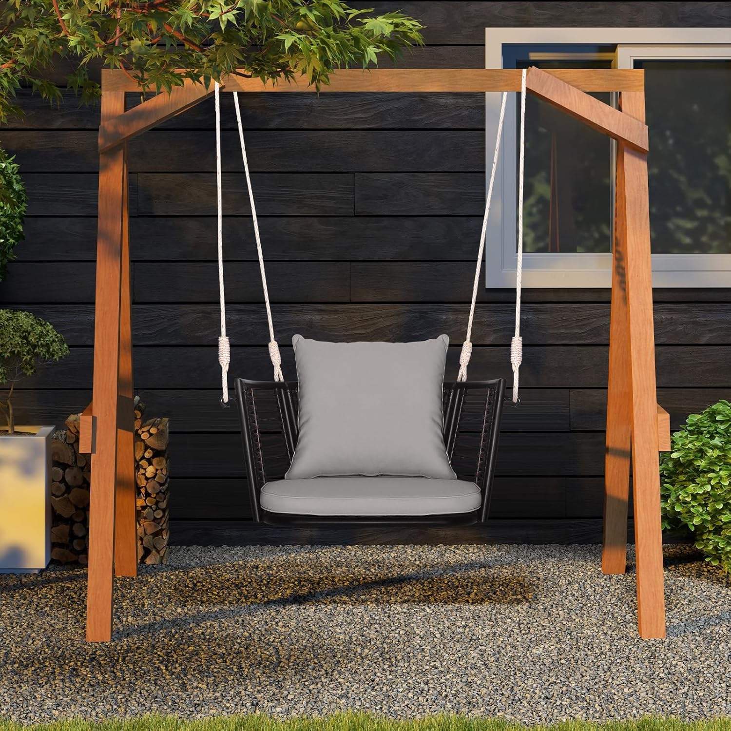 COSTWAY Hängesessel Rattan, bis 180kg belastbar, Hängesitz mit Kissens & Metallrahmen & Hängeseilen, Hängestuhl Schaukelstuhl Schaukel, Schaukelsessel für Veranda Garten Hinterhof (Grau)