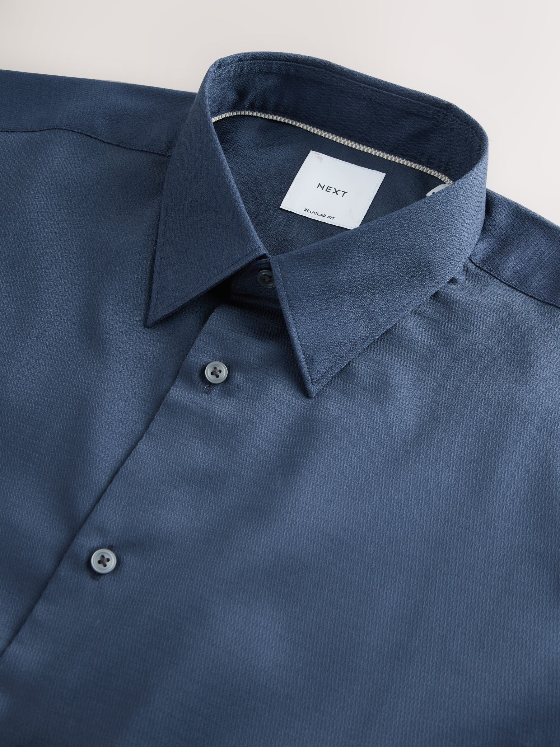 Marineblauw - Normale Pasvorm - Onderhoudsvriendelijk, getextureerd, slim fit overhemd met enkele manchet