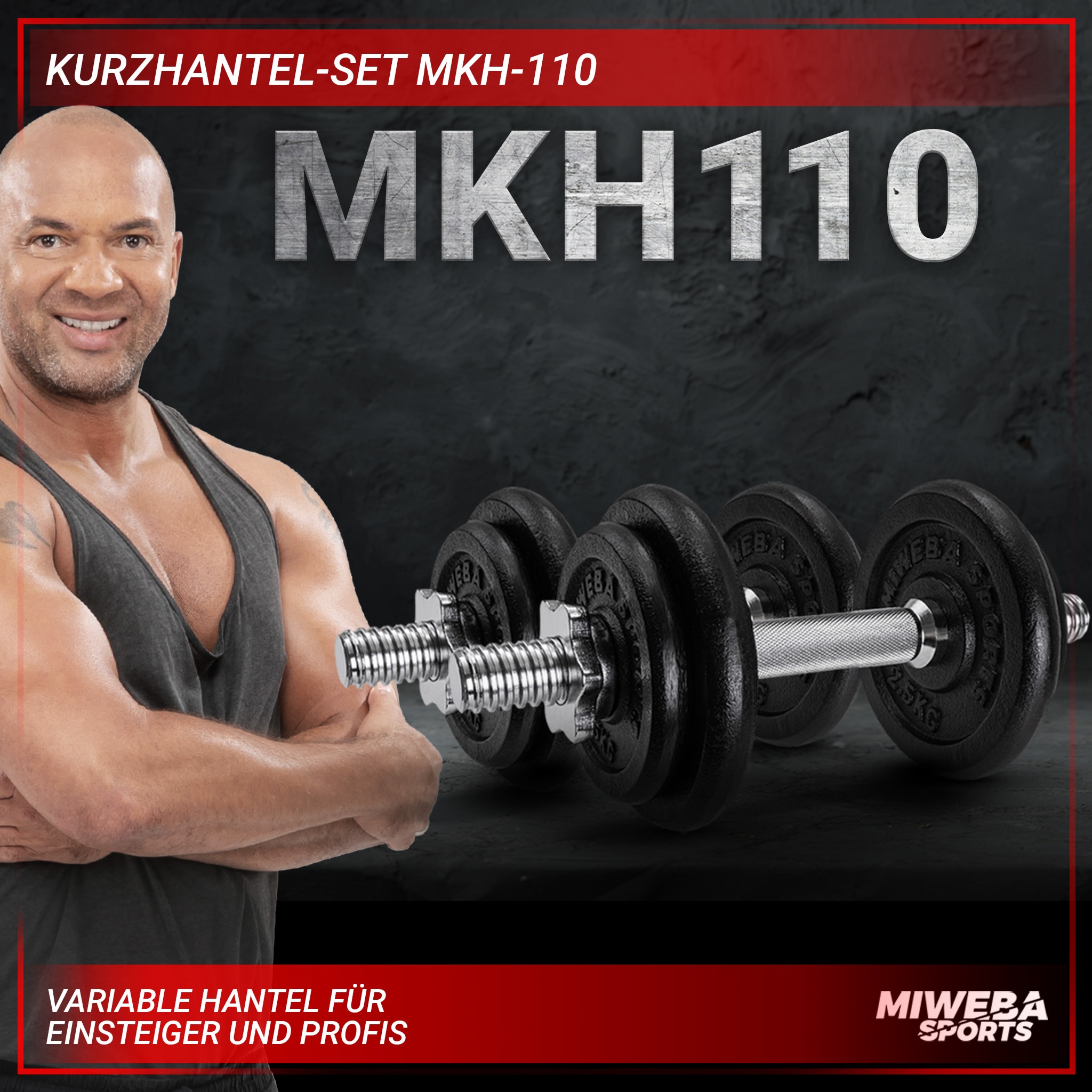 Miweba Sports Kurzhantel MKH110, 10 kg, Gewichte aus Gusseisen, Stahl-Hantelstange, Sternverschluss (Hantelpaar)
