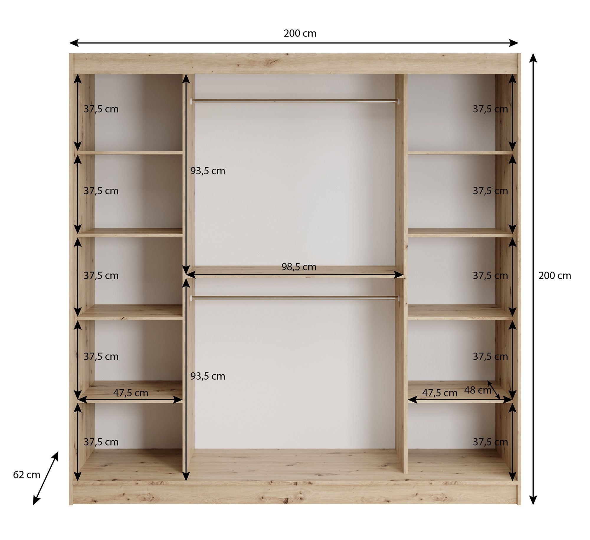 Meubella - Kledingkast Lisbon 2 - Eiken - 200 cm - Met spiegel