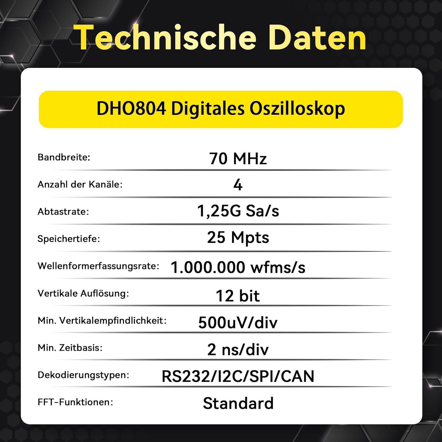 RIGOL Oszilloskop,DHO804 Tragbares Digitales Oscilloscope,70MHz Bandbreite,4 analoge Kanäle,12bit vertikale Auflösung,niedriges Grundrauschen,Unterstützung für mobile Netzteile