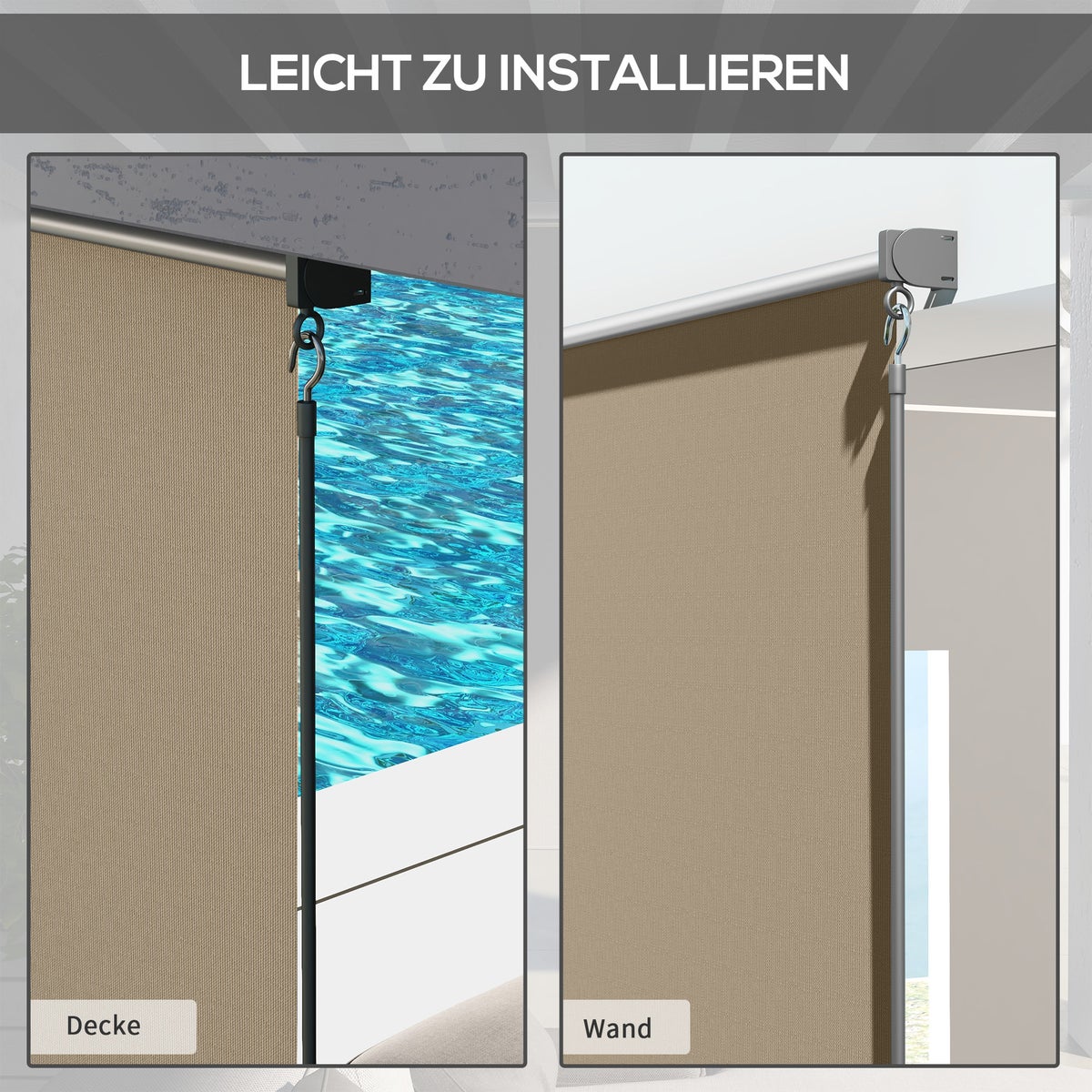 Outsunny verticale zonwering, balkonrolgordijn met handzwengel voor paviljoen, tuin, 183 x 185 cm, HDPE, aluminium, beige