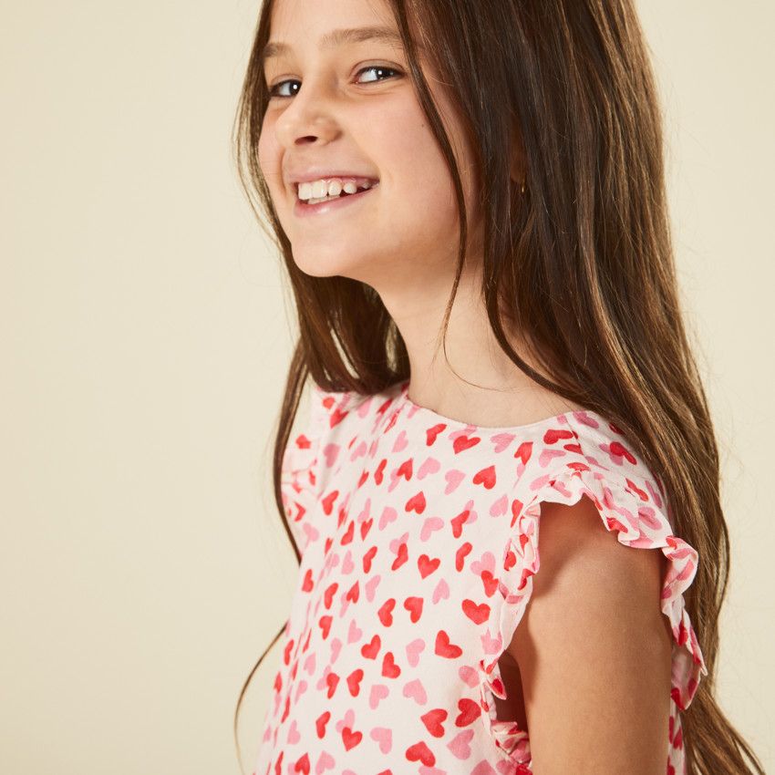 Robe manches courtes imprimé cœurs pour fille - Ecru