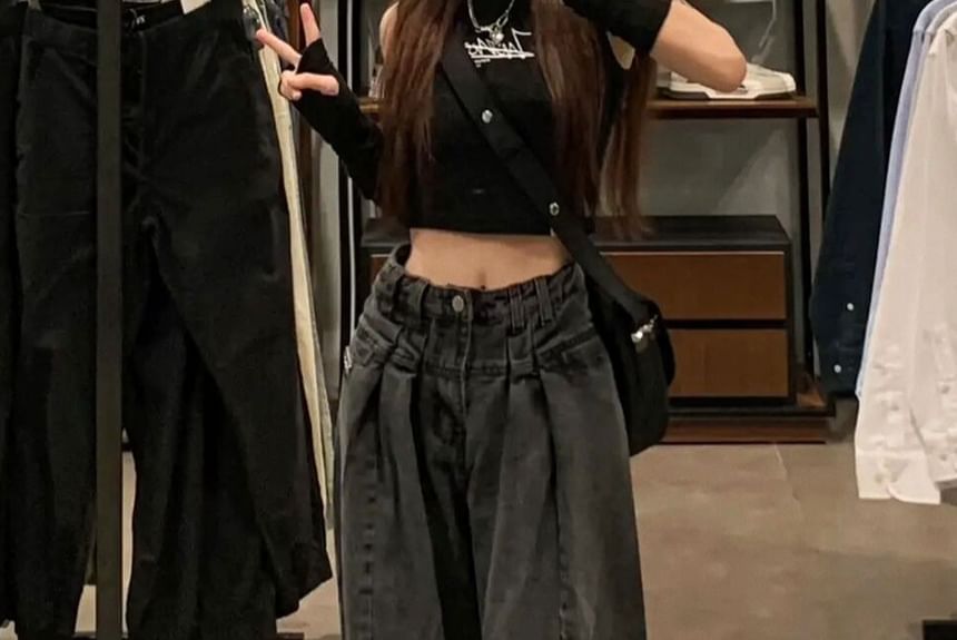 Kloitrinm - High Waist Washed Baggy Jeans