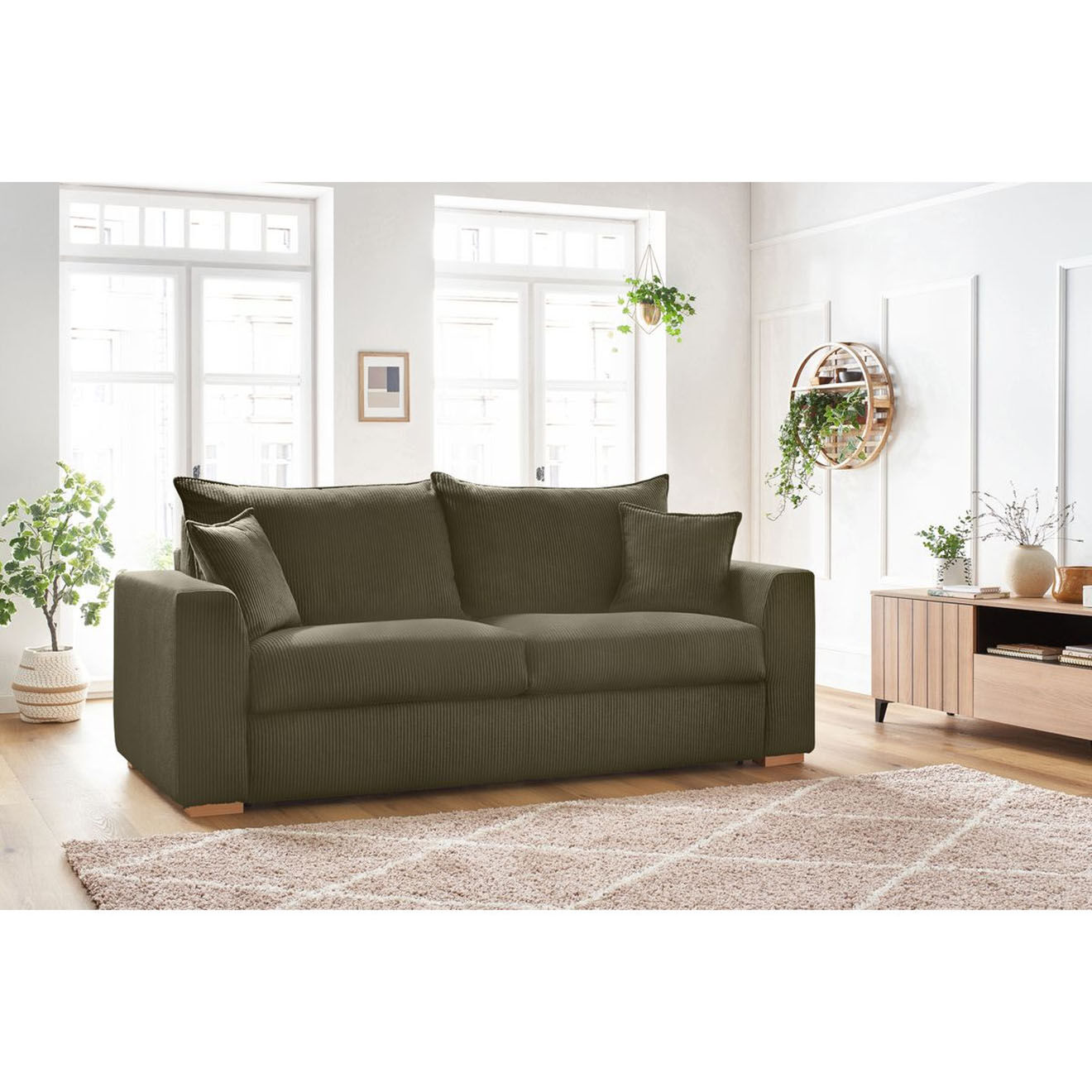 Bobochic Canapé droit convertible express en Velours côtelé 3 places Augustin vert - 205x96x97 cm