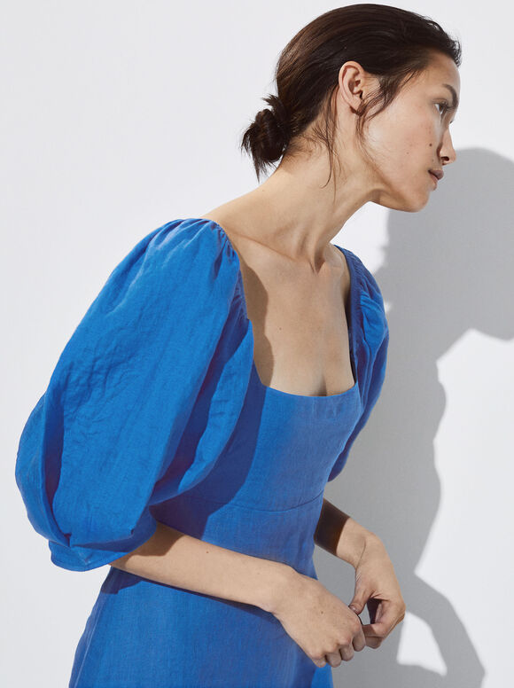 Vestido de linho com mangas bufantes - Azul