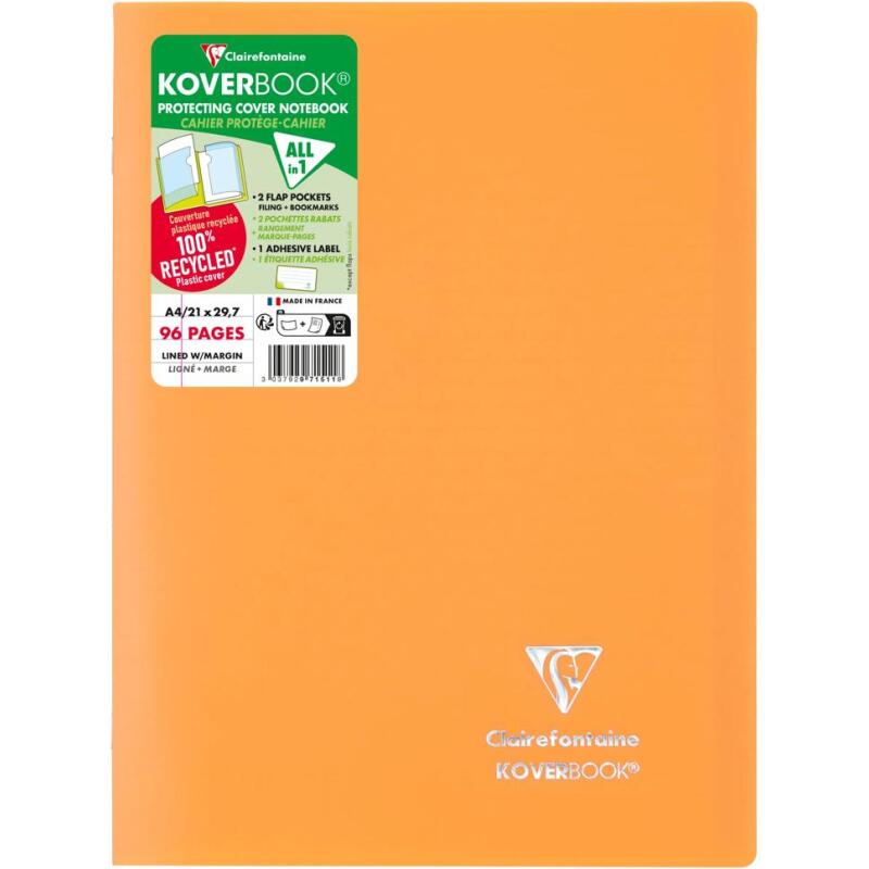Cahier piqué Koverbook A4 96 pages ligné + marge couverture polypropylène opaque 100% recyclé - Assortis