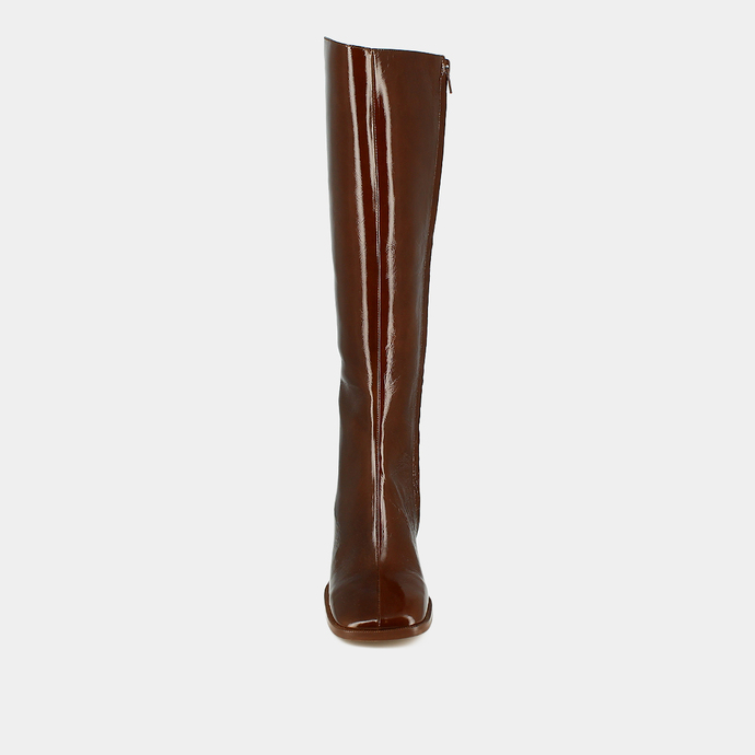Bottes à bouts carrés et talons épais  en cuir brillant marron