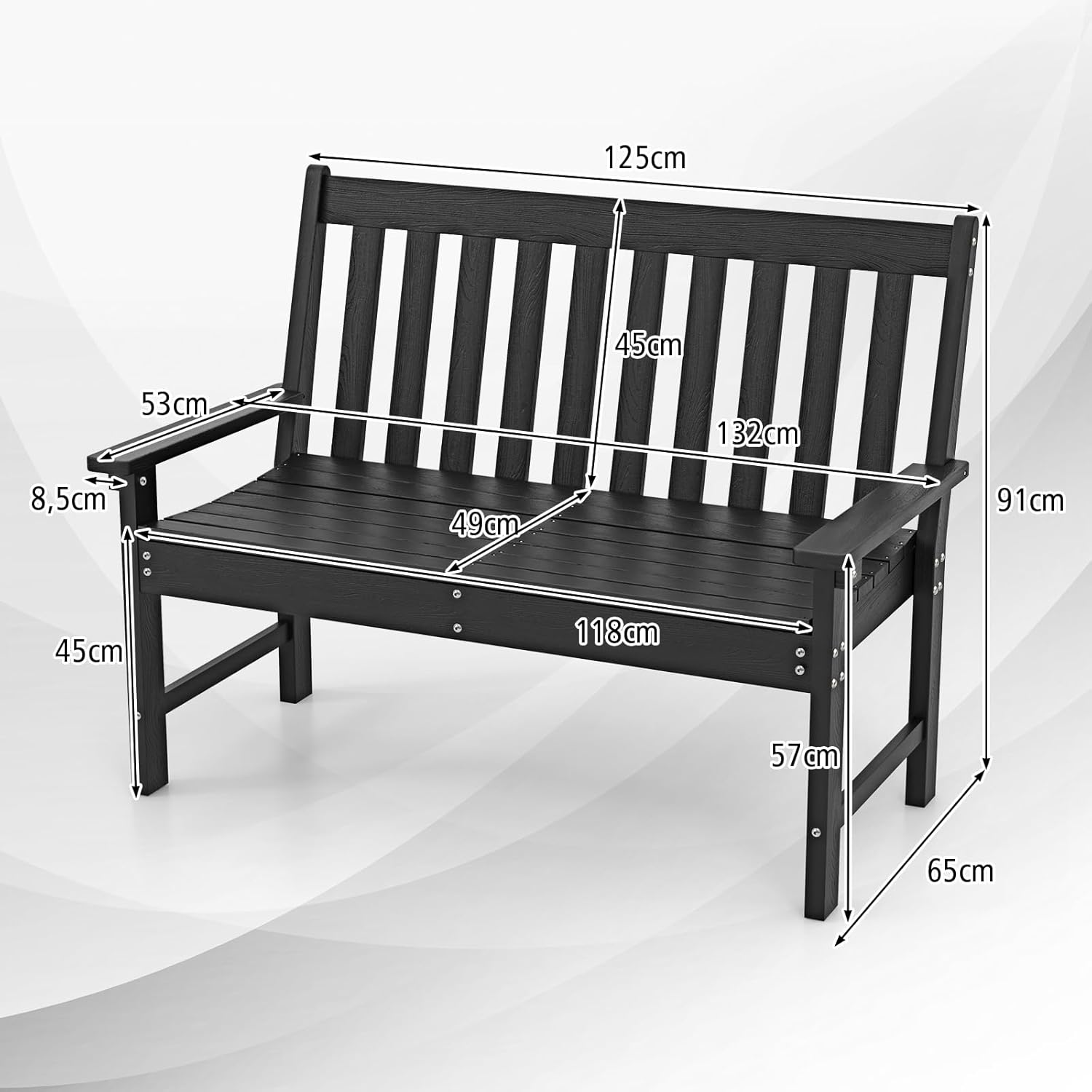 COSTWAY Gartenbank wetterfest, Allwetter-Sitzbank aus HDPE, Parkbank für 2-3 Sitzer, Balkontank bis 320kg belastbar, Terrassenbank für Garten, Balkon und Terrasse, 132 x 65 x 91 cm (Schwarz)