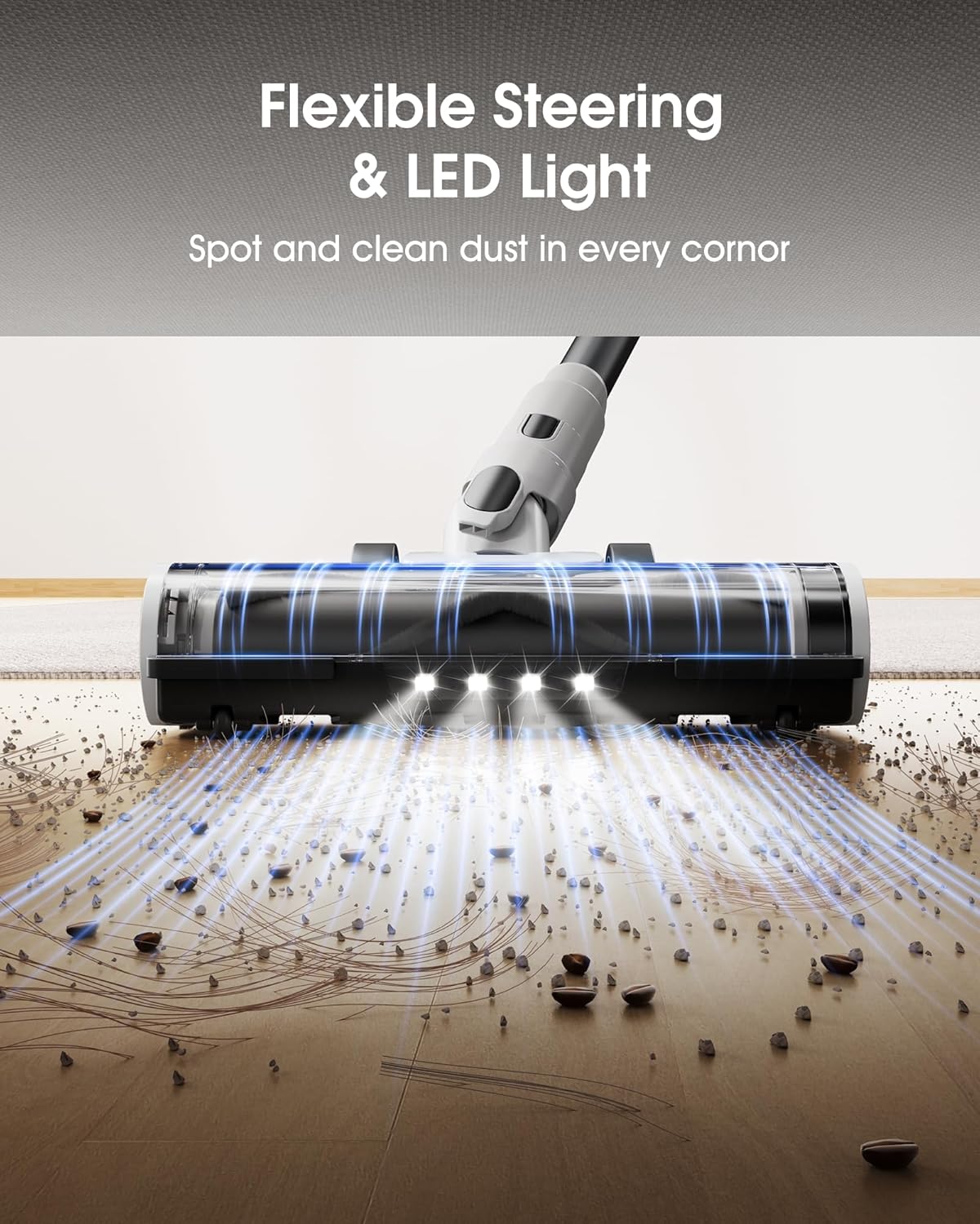 Kabelloser Staubsauger, 600W 50KPa, 65 Min Laufzeit, Schnellladefunktion, Selbststehender Stielstaubsauger mit LED-Licht und Touchscreen, Leichtgewicht für Tierhaare/Teppich/Boden, Silber